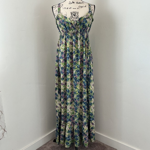 NATURAL LIFE Dresses & Skirts - Natural‎ Life XS Floral Maxi Dress Spaghetti Strap Ruffle Tie Neck Boho